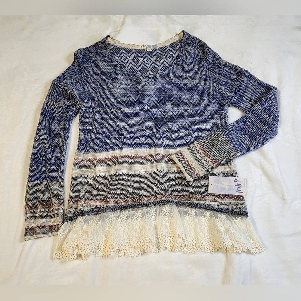 Jolt Blue and White‎ Knit Sweater With Lace Ruffle Hem, NWT, Size Large